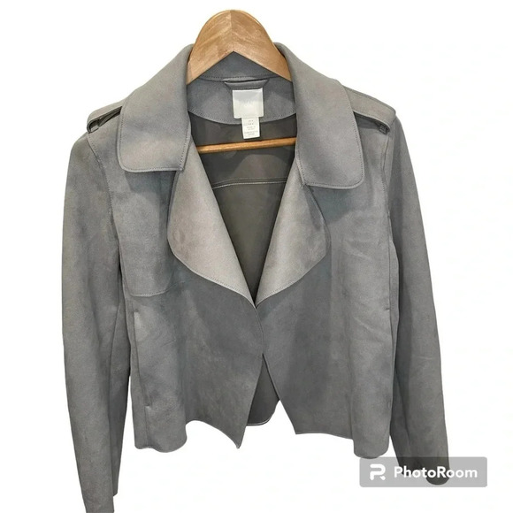 H&M Faux Suede Pocket Zippered Sleeve Gray Moto Jacket Size 4 - Picture 1 of 12